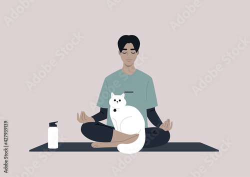 A young male Asian character meditating with a cat on their lap, dealing with stress, yoga workout at home