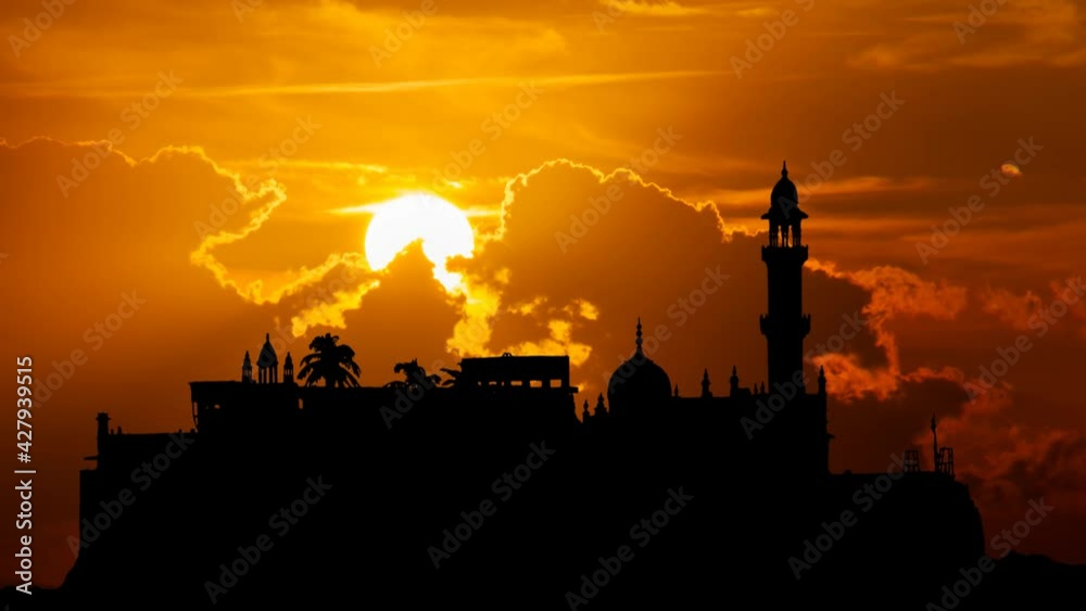  Mumbai: Haji Ali Dargah Mosque at Sunset, Time Lapse with Red Clouds and Fiery Sky, India