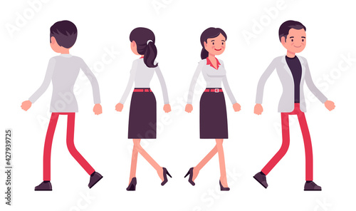 Smart young businessman, businesswoman entrepreneur, owner, business manager walking. Office worker professional look, casual attire. Vector flat style cartoon illustration isolated, white background