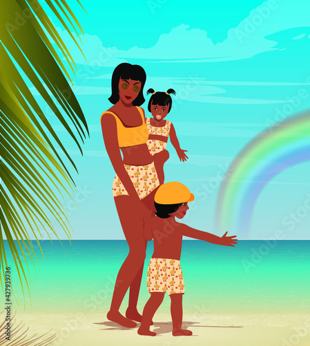 Digital illustration Happy mother's day Happy mom daughter and son on vacation photo