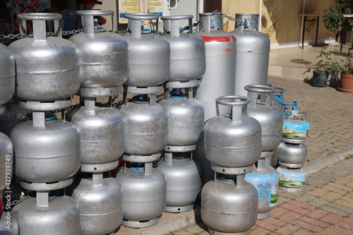 Gas cylinders for sale, street trade, Alanya, April 2021