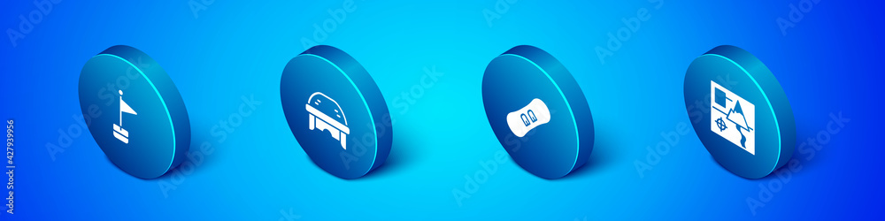 Set Isometric Location marker, Snowboard, Folded map and Hockey helmet icon. Vector Set Isometric Location marker, Snowboard, Folded map and Hockey helmet icon. Vector