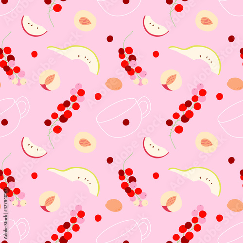 Seamless pattern with a glass cup, apple, pear, peach slices, apricot, red currant. For prints, backgrounds, wrapping paper, textile, wallpaper, etc. 