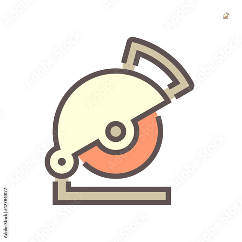 Chop saw vector icon. Also called cut-off, circular or abrasive saw. Electric power tools with diamond blade or cutting wheel. For cut wood, metal or concrete in construction industry work. 64x64 px.