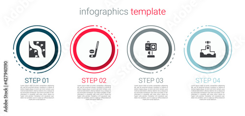 Set Route location, Ice hockey stick and puck, Action camera and Award winner podium. Business infographic template. Vector