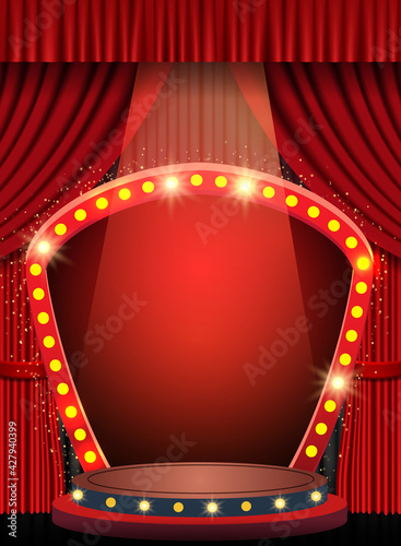 Background with red curtain, arch banner and spotlights. Design for presentation, concert, show