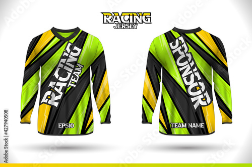 Long sleeve sports racing suit. Front back t-shirt design. Templates for team uniforms. Sports design for football, racing, gaming jersey. Vector.