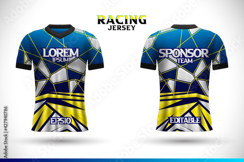 Sports racing jersey design. Front back t-shirt design. Templates for team uniforms. Sports design for football, racing, gaming jersey. Vector.