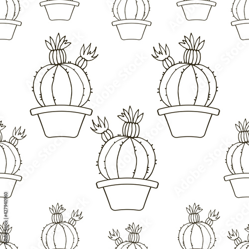 Background with cactus. Seamless pattern. Cactus in a pot. Vector.
