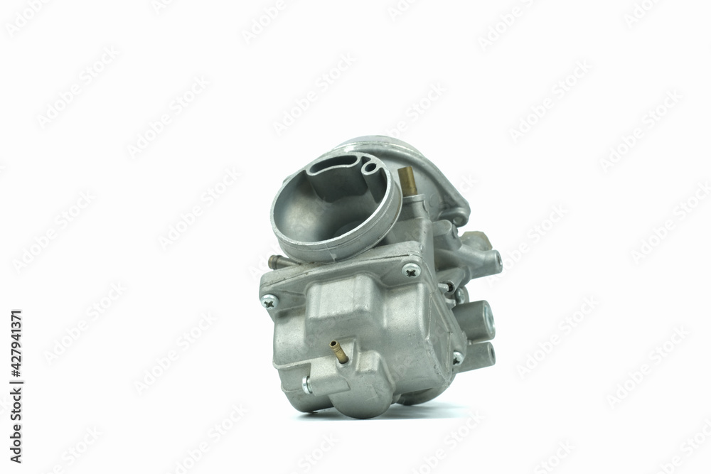 Motorcycle carburetor isolated on a white background.