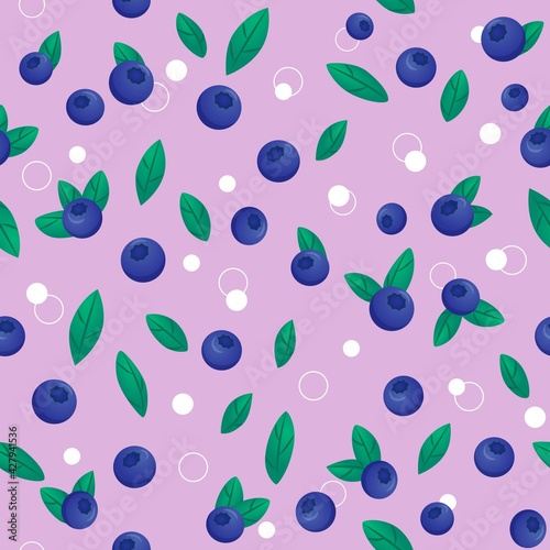 Seamless pattern of blueberries, green leaves and white bubbles on a light lilac background. Stock illustration for web, print, wallpaper, background, textile, wrapping paper, scrapbooking