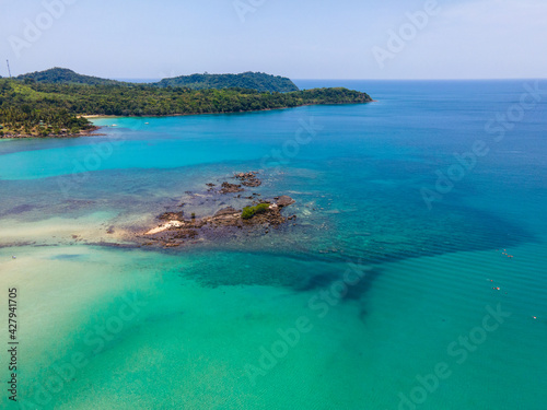 Aerial view of nature tropical paradise island beach enjoin a good summer beautiful time on the beach with clear water and blue sky in Koh kood or Ko Kut  Thailand.