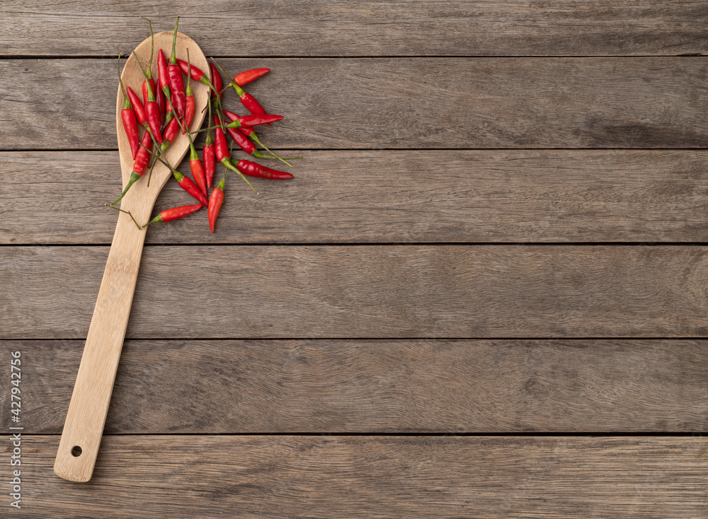 Red malagueta peppers on a spoon over wooden table with copy space Red malagueta peppers on a spoon over wooden table with copy space