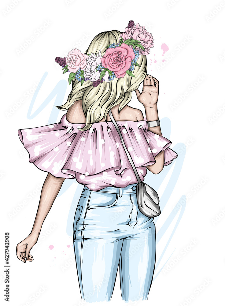 Beautiful girl in a stylish top and jeans. Vector illustration. Fashion and style, clothing and accessories. Beautiful girl in a stylish top and jeans. Vector illustration. Fashion and style, clothing and accessories.