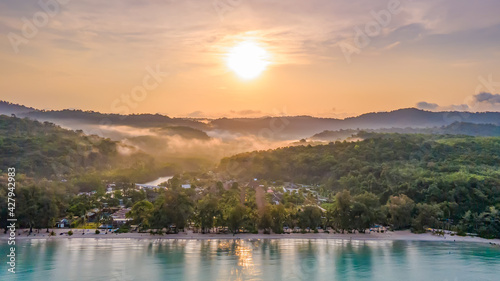 Aerial view of nature tropical paradise island beach enjoin a good summer beautiful time on the beach with clear water and blue sky in Koh kood or Ko Kut, Thailand.