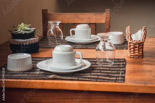 breakfast itens on wooden table