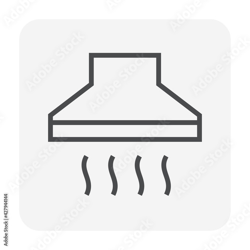 kitchen hood or cooker hood vector icon. Also called extractor, exhaust or range hood. Stainless steel with fan, filter and chimney for air ventilation on stove in kitchen and restaurant. 64x64 pixel.