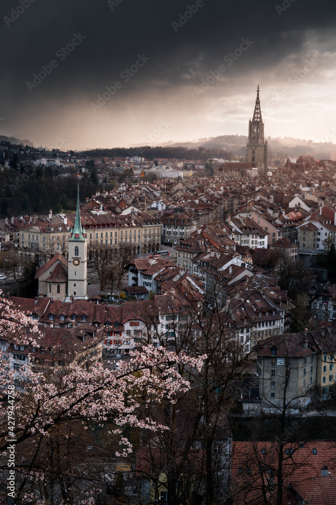 dramatic clouds over the oldtown of Bern in spring