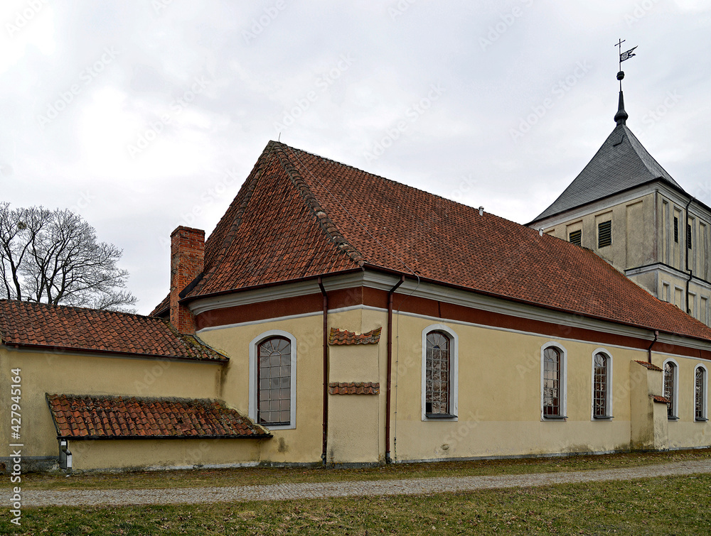 Built in the Gothic style in 1719, now the Catholic Church of Our Lady of Rosary in Szarejki in Masuria, Poland. The photos show a general view of the temple.