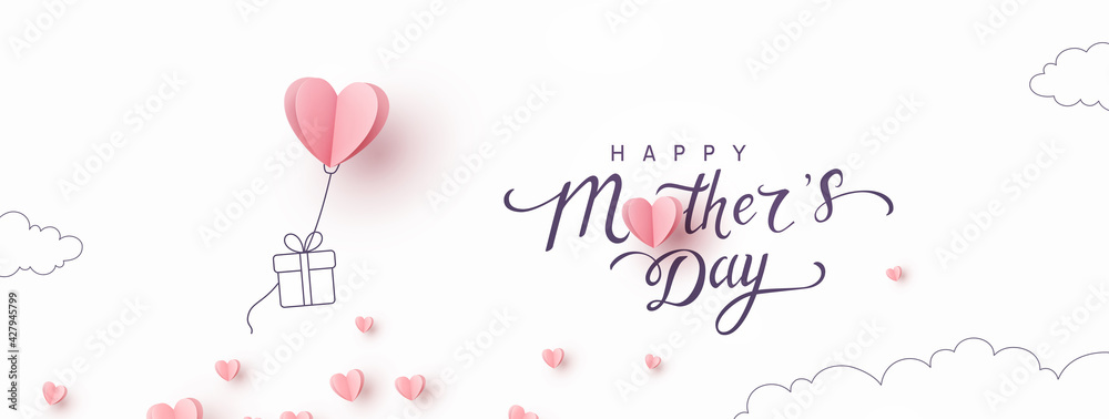 Fototapeta premium Mother's day postcard with paper flying elements and gift box on white sky background. Vector symbols of love in shape of heart for greeting card design