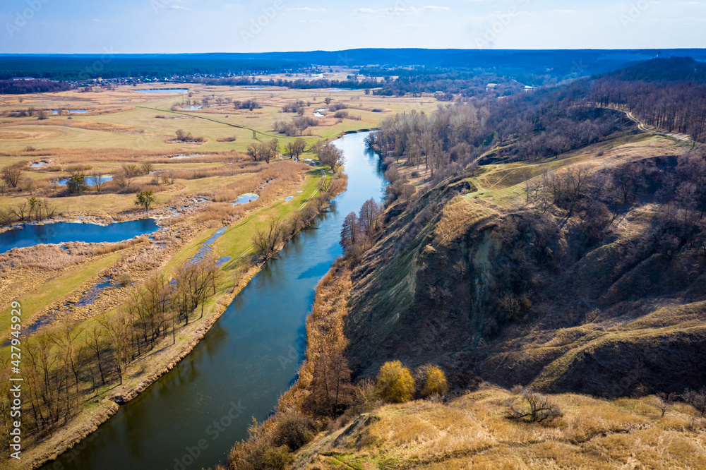 aerial view to spring valley with Siverskyi Donets river