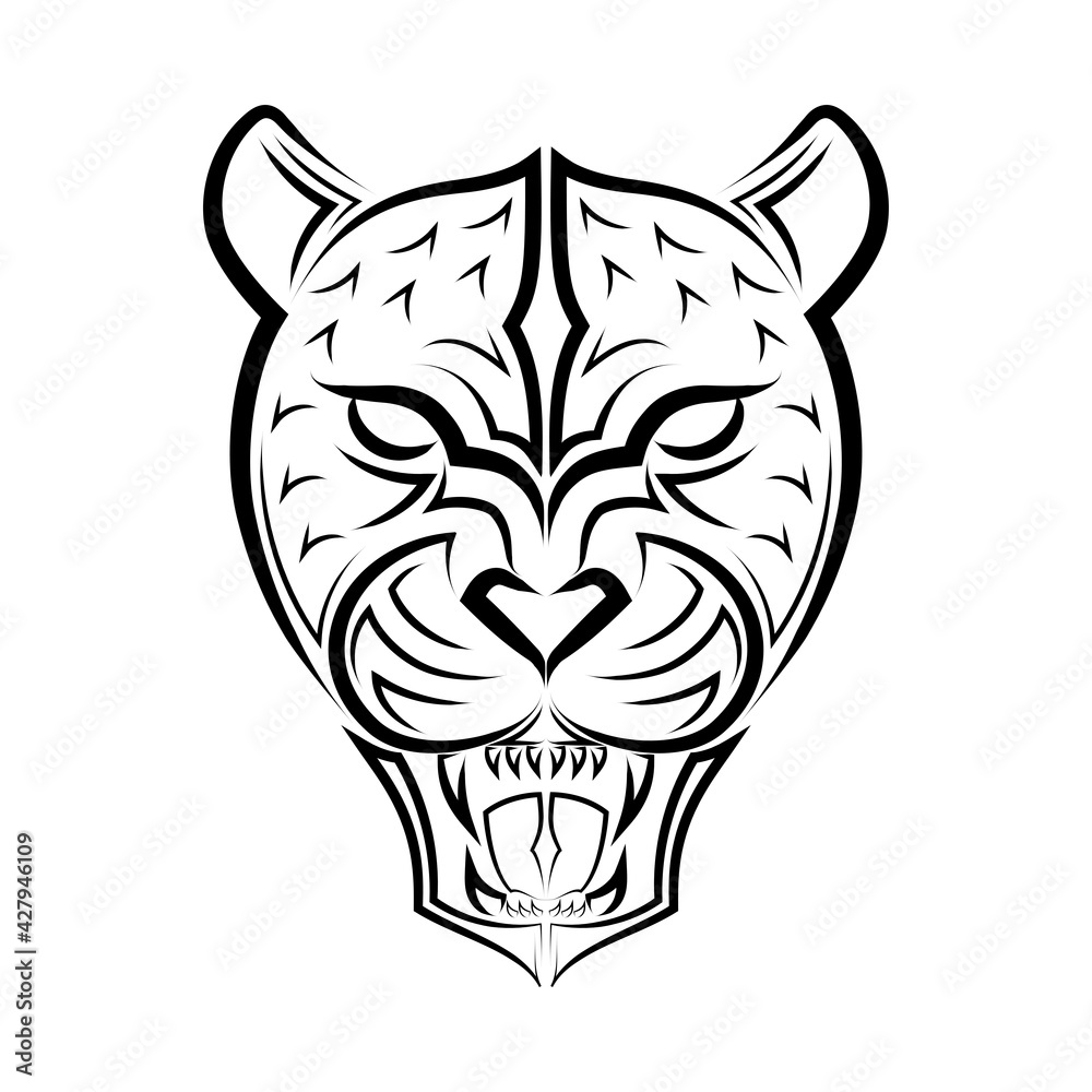 Obraz premium Black and white line art of Roaring Leopard head. Good use for symbol, mascot, icon, avatar, tattoo, T Shirt design, logo or any design you want.