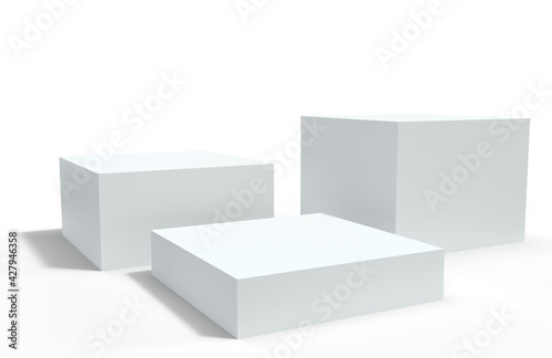 Podium pedestal, display or stage stand background, racked dais platform. 3D realistic white studio podium or product display pedestal and platform pillar blocks © Ron Dale