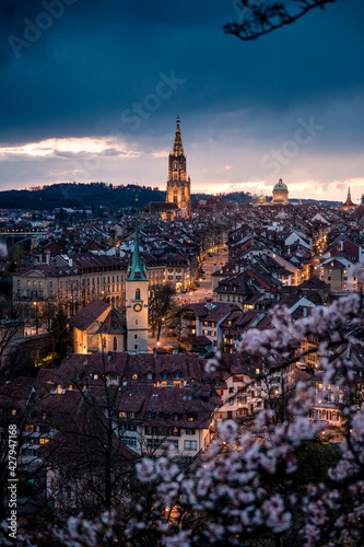 dusk over the oldcity of Bern with Berner M  nster in spring