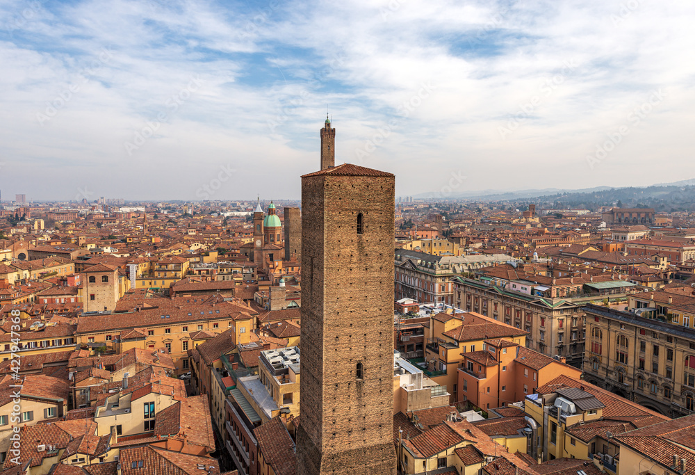 Aerial view of Bologna with the Medieval Towers (Azzoguidi, Garisenda, Asinelli) and the Basilica of Santi Bartolomeo e Gaetano (1516), Emilia-Romagna, Italy, Europe.