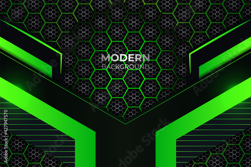Futuristic Simple Overlapped Dark and Green Background with Glow Hexagon Pattern