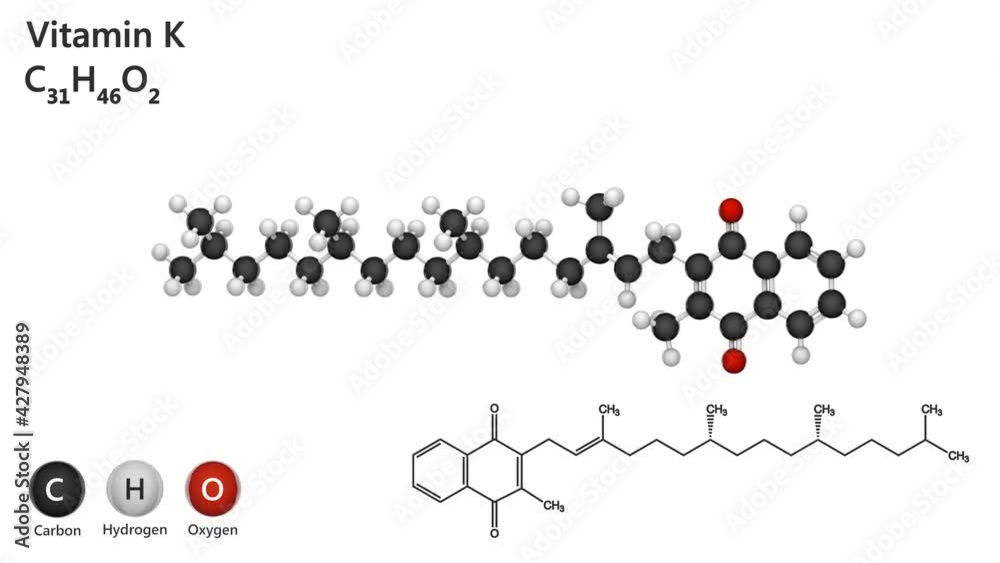 Chemical structure of Vitamin K (Phylloquinone). Formula C31H46O2. 3D