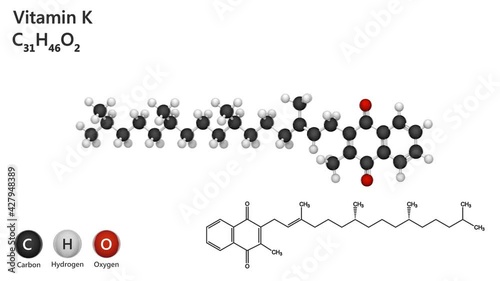 Chemical structure of Vitamin K (Phylloquinone). Formula: C31H46O2. 3D render. Seamless loop. Chemical structure model: Ball and Stick. White background. photo