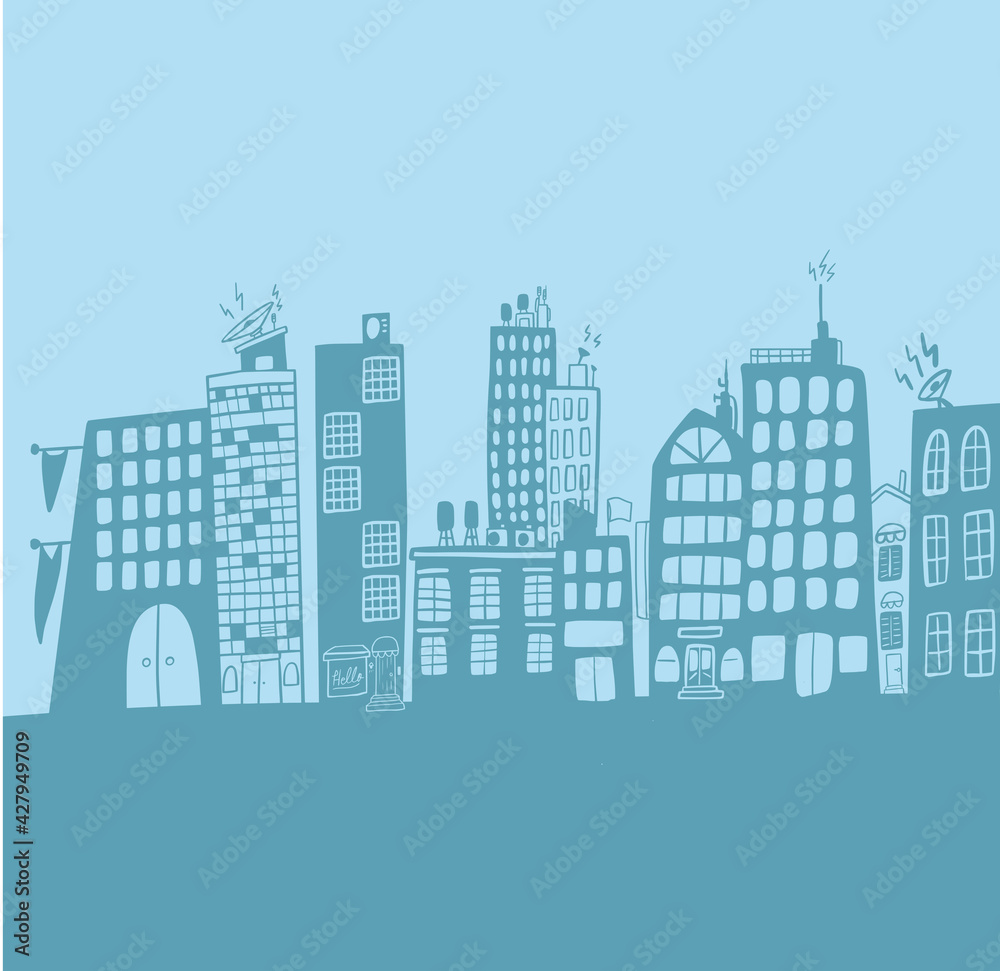 Cute city hand drawn skyline illustration vector material background art house building