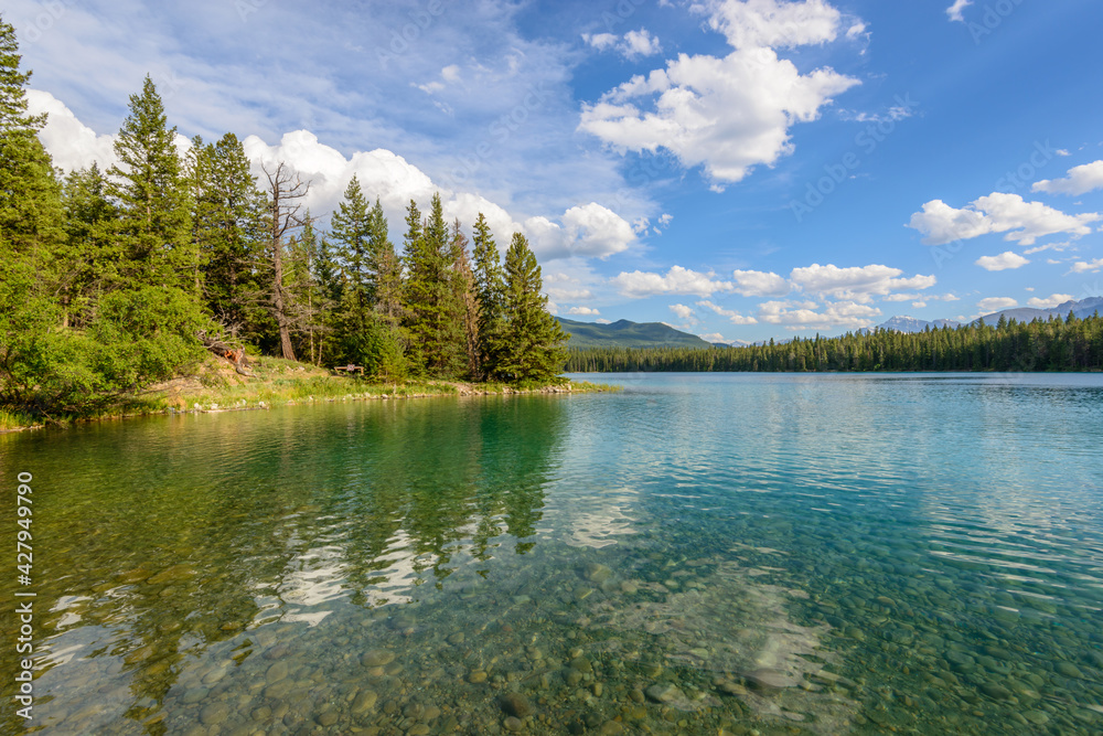 Majestic mountain lake in Canada. Anette Lake view in Jasper, Alberta, Canada. Rocky Mountains.