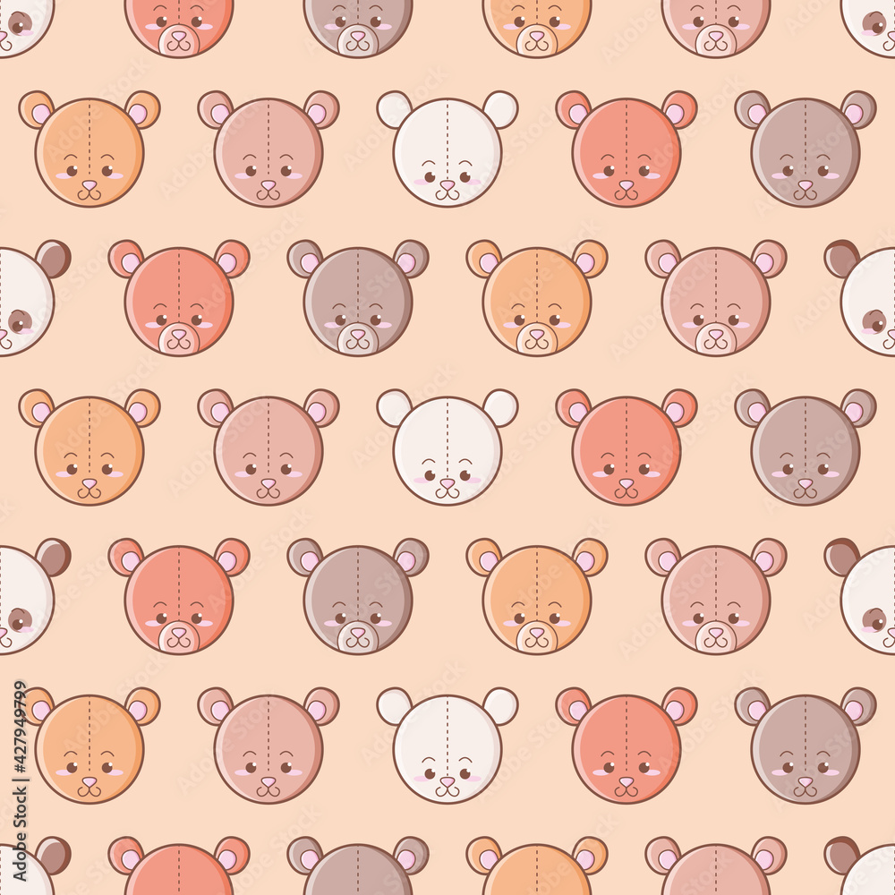 Kawaii bear plush vector repeat pattern. Cute animal head illustration background.