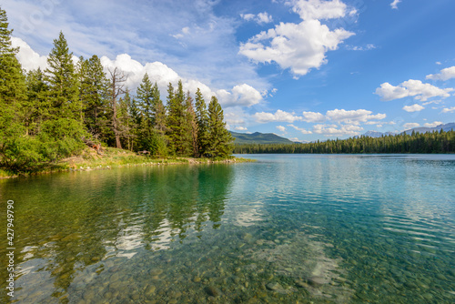 Fototapeta Naklejka Na Ścianę i Meble -  Majestic mountain lake in Canada. Anette Lake view in Jasper, Alberta, Canada. Rocky Mountains.