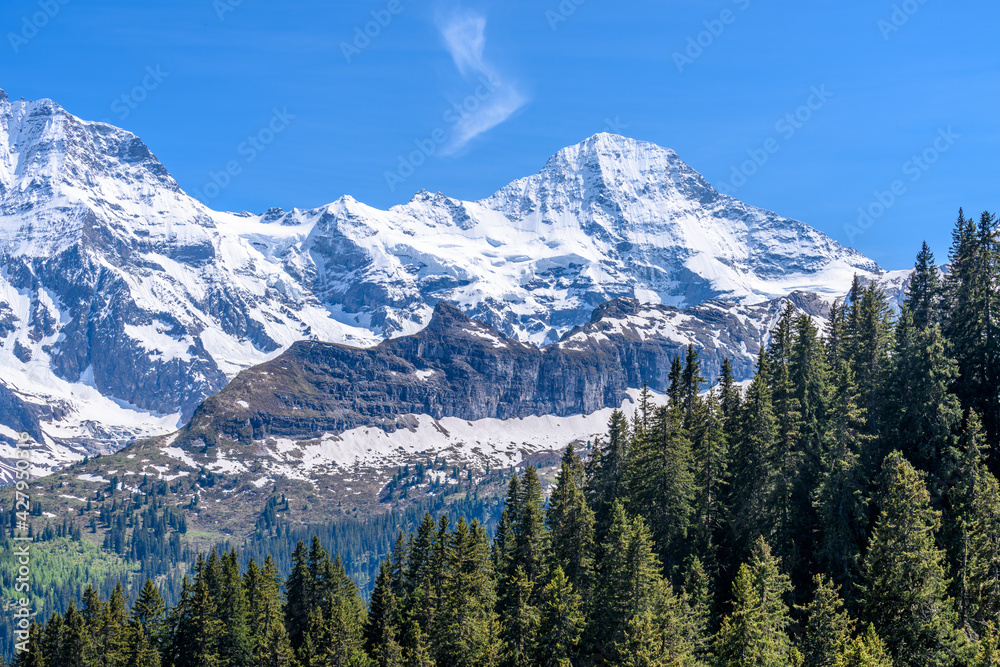 The Swiss Alps at Murren, Switzerland. Jungfrau Region. The valley of Lauterbrunnen from Interlaken. The Swiss Alps at Murren, Switzerland. Jungfrau Region. The valley of Lauterbrunnen from Interlaken.