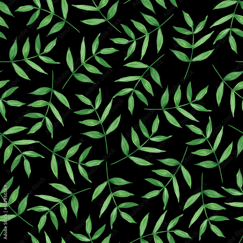 Fototapeta premium Green leaves on a black background. Seamless pattern. Simple botanical templates. Watercolor illustration. For printing on fabric, packaging design.