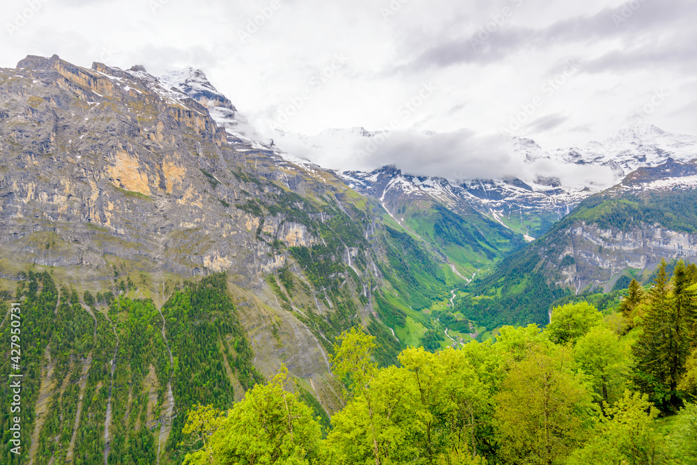Naklejka premium View of beautiful landscape in the Alps with fresh green meadows and snow-capped mountain tops in the background on clouds in springtime.