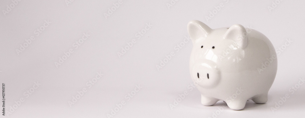 Piggybank white About saving and investing Financial management and bank, mockup on white background