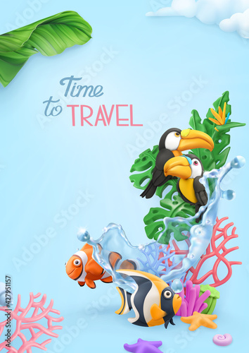 Time to travel background. 3d vector realistic illustration. Tropical jungle, coral reef, toucans, fish