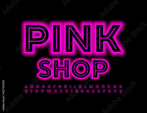Vector glamour Sign Pink Shop. Neon glowing Font. Electric led Alphabet Letters and Numbers set