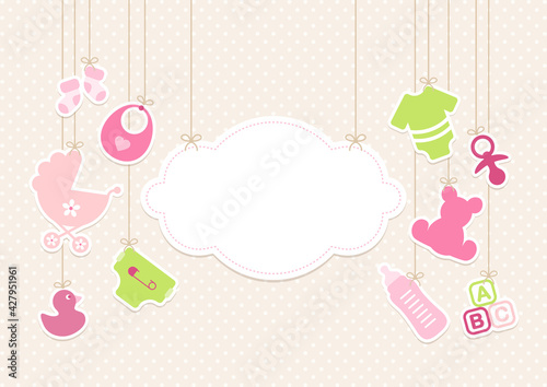 Karte Hängende Wolke Und Babysymbole Mädchen Pink Grün Punkte Beige
