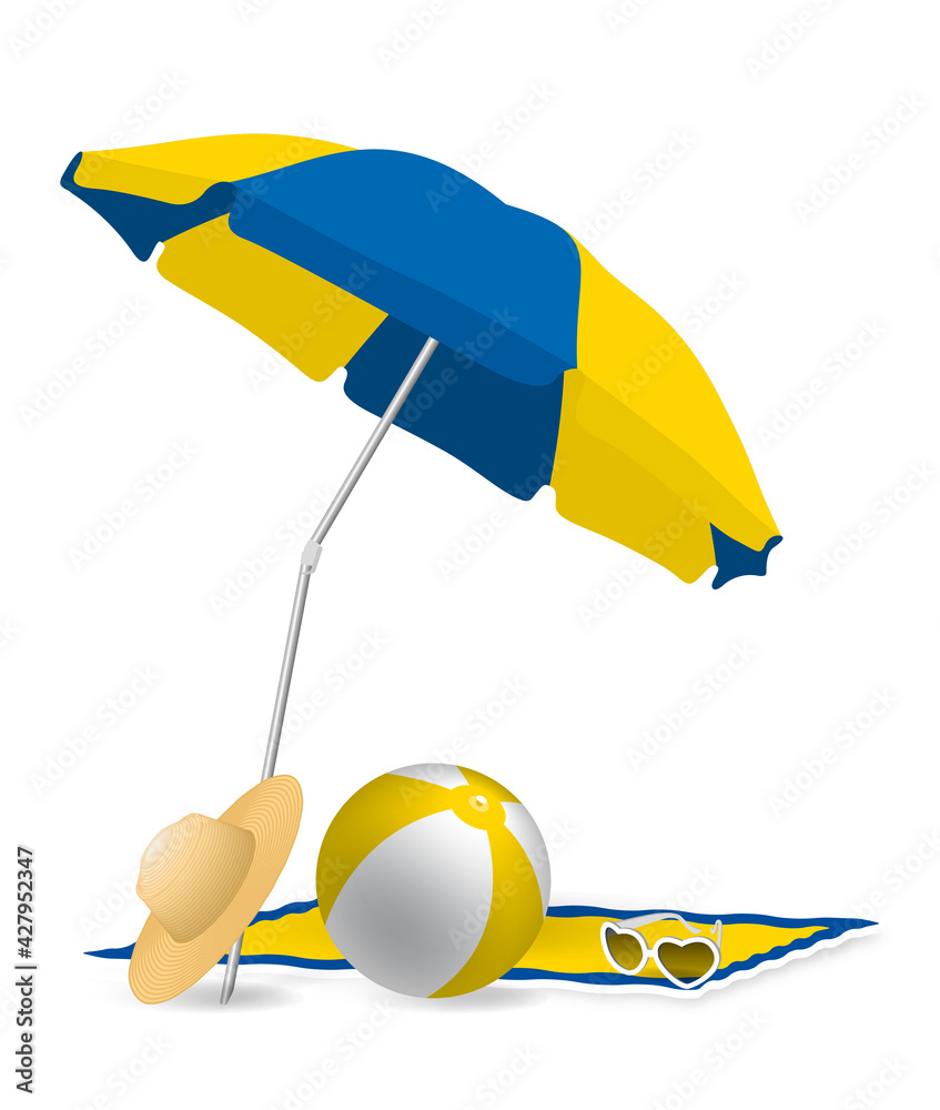 Parasol serviette ballon lunettes chapeau plage 7 Stock Vector | Adobe Stock
