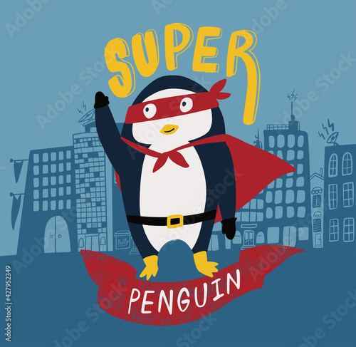 Superhero penguin city justice vector illustration penguin kid print card children s clothing poster sticker cartoon comic