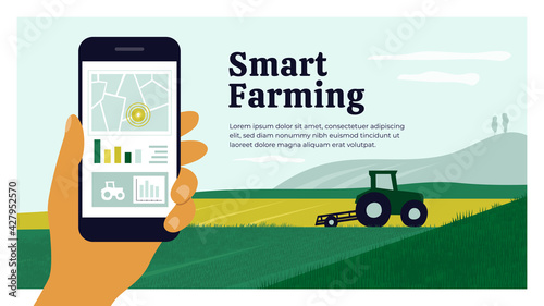 Smart farming layout template. Human hand holding smartphone with map, chart, graph, controlled tractor plowing agricultural field. Innovation technology in agriculture. Farm land vector illustration