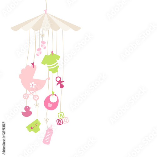 Links Hängendes Mobilé Babysymbole Mädchen Pink Grün Beige