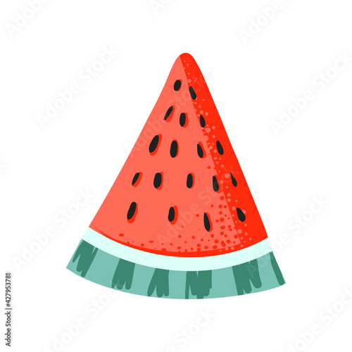 Hand drawing piece of a ripe fresh watermelon on a white background