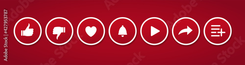 Elements for video decoration. Vector icons for vlogging. Like, subscribe, share, play icons, etc.