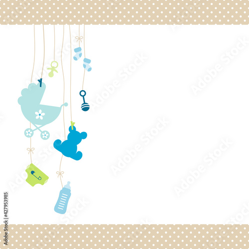 Links Hängende Babysymbole Junge Blau Grün Kanten Punkte Beige
